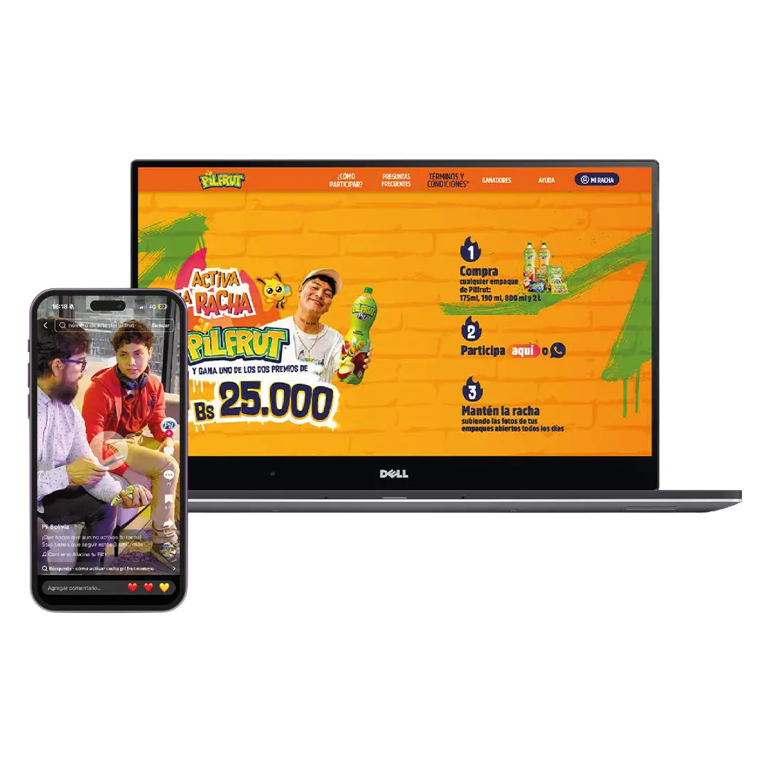 Plataforma digital de la campaña Activa la Racha Pilfrut Landing page y contenido en redes sociales de la campaña Activa la Racha Pilfrut mostrando la experiencia digital gamificada
